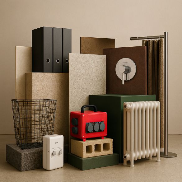 A design-led arrangement of architectural products and materials from across Bimstore’s manufacturers, styled in a minimalist studio setting.