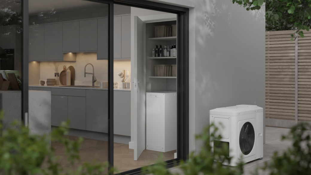 Exterior shot of modern home with bi-fold doors. There is a heat pump on the exterior wall and a Thermino heat battery in a kitchen cupboard inside.