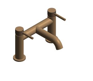 Product: KNURLED ACCENTS Origins Deck Mounted Bath Filler with Knurled Handles, in a Brushed Bronze Finish (IND-ORI237-BRZK)