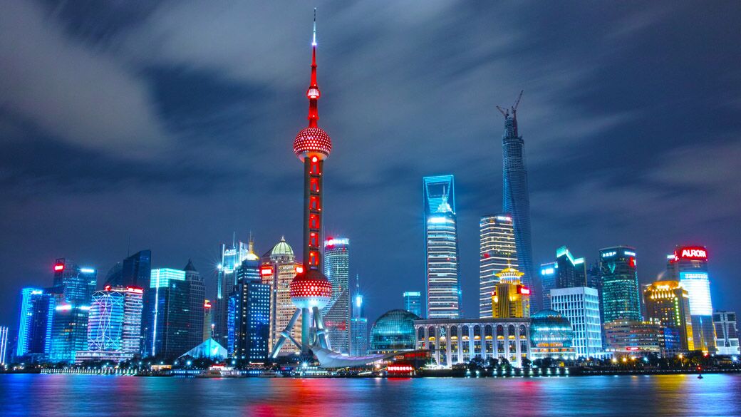 Shanghai skyline night smart spaces technology